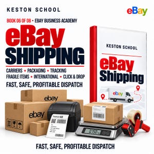 May include: A Keston School eBay Business Academy book titled eBay Shipping, book 06 of 08, displayed with cardboard shipping boxes, a thermal label printer with a Tracked 48 label, a digital scale reading 0.750 kg, and a red tape dispenser.