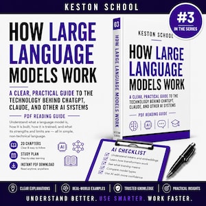 Puede incluir: Un libro blanco titulado How Large Language Models Work de Keston School, junto a una lista de verificación de IA morada en un portapapeles y un bolígrafo negro. La portada incluye texto sobre ChatGPT y Claude, con iconos de capítulos.
