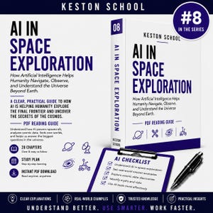 May include: A white book titled AI in Space Exploration by Keston School, featuring a dark blue spine and cover text. Beside it lies a purple clipboard with an AI checklist and a black pen. The design includes icons of planets, satellites, and rovers.
