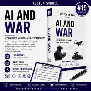 May include: A Keston School PDF reading guide titled AI AND WAR: AUTONOMOUS WEAPONS AND CYBERSECURITY, featuring a soldier with a tablet, a drone, and a tank. Includes an AI checklist on a clipboard, a black pen, and text detailing 10 chapters.