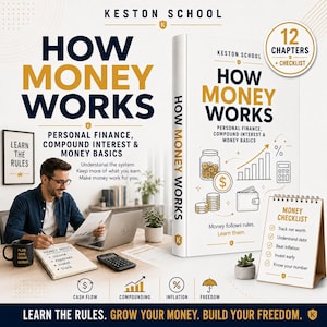 May include: A book titled How Money Works by Keston School featuring personal finance, compound interest, and money basics. The cover displays a jar of coins, a wallet, a calculator, and a growth chart. Includes a 12-chapter checklist and icons.