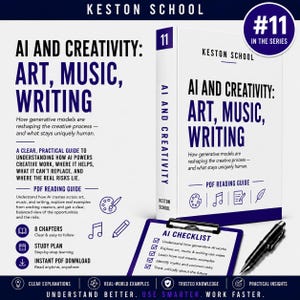 May include: A white book titled AI AND CREATIVITY: ART, MUSIC, WRITING by KESTON SCHOOL, labeled #11 IN THE SERIES. It includes a PDF reading guide, an AI checklist on a clipboard, and a black pen. The text details generative models and creative processes.