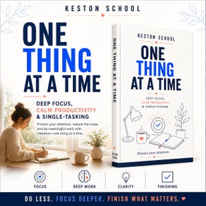 May include: A white book titled One Thing at a Time by Keston School, featuring blue and orange text, a desk lamp, a coffee mug, a notebook, and a plant illustration. The cover includes the subtitle Deep Focus, Calm Productivity & Single-Tasking.