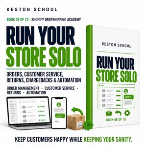 May include: A book titled Keston School Book 08 of 10 Shopify Dropshipping Academy Run Your Store Solo, featuring text about orders, customer service, returns, chargebacks, and automation, alongside a laptop, smartphone, and a small cardboard box.