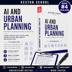 May include: A white book titled AI AND URBAN PLANNING by Keston School with a blue spine and cover text. Includes a bonus #4 special edition badge, a blue clipboard with an Urban AI checklist, and a black pen. The design features icons of city layouts.