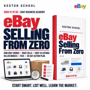 May include: A book titled eBay Selling From Zero by Keston School, Book 01 of 08, displayed next to a laptop showing an eBay interface, a cardboard box, a magnifying glass, and a checklist. The text reads Start Smart. List Well. Learn the Market.