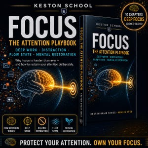 May include: A black book titled Focus: The Attention Playbook by Keston School. The cover features a glowing golden brain graphic connected to a target, with text detailing deep work, distraction, flow state, and mental restoration themes.