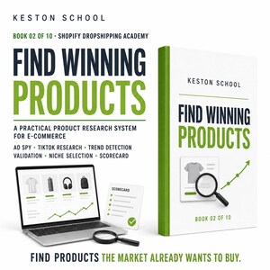 May include: A white book titled Keston School Find Winning Products Book 02 of 10 next to a laptop displaying product research data, a scorecard, and a magnifying glass. The text includes Ad Spy, TikTok Research, Trend Detection, and Validation.