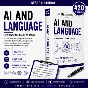 Peut inclure: Un guide de lecture PDF Keston School intitulé AI and Language: How Machines Learn to Speak, présentant une couverture de livre avec une icône de cerveau, un presse-papier avec une liste de contrôle IA et un stylo noir. Inclut 10 chapitres et un plan.