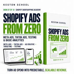 May include: A white book titled Shopify Ads From Zero by Keston School, Book 07 of 10, displayed next to a laptop and smartphone showing analytics data, a green megaphone icon, and text detailing Meta ads, TikTok ads, testing, and basic analytics.