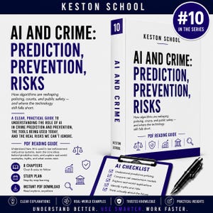 May include: A white book titled AI AND CRIME: PREDICTION, PREVENTION, RISKS by KESTON SCHOOL, featuring a blue clipboard with an AI CHECKLIST and a black pen. The cover includes text about algorithms in policing, courts, and public safety.