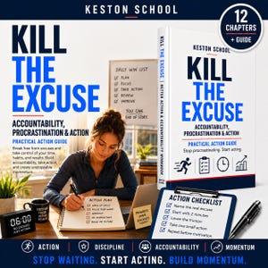 May include: A book titled Kill The Excuse by Keston School, featuring a white cover with blue text, a 12 chapters plus guide badge, and a subtitle about accountability, procrastination, and action. The book is displayed alongside an action checklist.