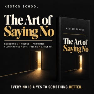 May include: A black book titled The Art of Saying No by Keston School, featuring gold text and an illustration of an open door with light shining through. The cover includes the subtitle Boundaries, Values, Priorities, Clear Choices, Guilt-Free No, A True Yes and the text Every No Is A Yes To Something Better.