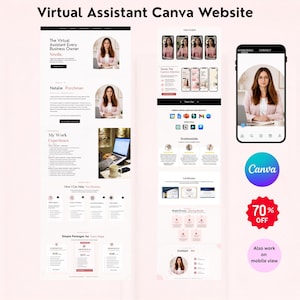 Könnte beinhalten: Eine digitale Vorlage für eine Virtual Assistant Canva-Website mit weißem Layout und rosa Akzenten, Textabschnitten, Servicepaketen, Erfahrungsberichten und einer mobilen Ansicht. Enthält ein Canva-Logo und ein 70% off-Abzeichen auf rosa Grund.