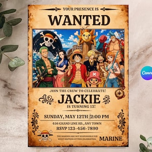 Può includere: Un invito rettangolare con sfondo in pergamena invecchiata che riporta il testo YOUR PRESENCE IS WANTED e un'illustrazione dell'equipaggio di One Piece. Include i dettagli per il 12° compleanno di Jackie domenica 12 maggio alle ore 14:00.