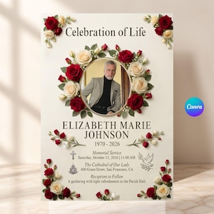 May include: A memorial service program featuring the text Celebration of Life, the name Elizabeth Marie Johnson, dates 1970-2026, and event details. A circular portrait of a person in a blazer is framed by red and cream roses on a cream background.
