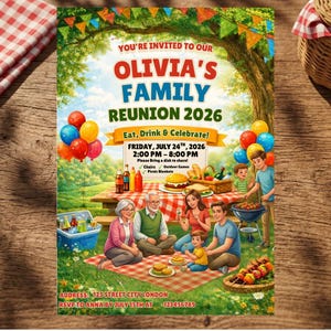 Puede incluir: Una tarjeta de invitación para una reunión familiar con una ilustración colorida de una familia multigeneracional haciendo un picnic en un parque. El texto dice: OLIVIA'S FAMILY REUNION 2026, Eat, Drink & Celebrate! FRIDAY, JULY 24TH, 2026, 2:00 PM - 8:00 PM.