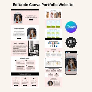 Könnte beinhalten: Eine bearbeitbare Canva-Portfolio-Website-Vorlage in einem zarten Rosa-Weiß-Farbschema. Das Layout enthält Abschnitte für Berufserfahrung, Dienstleistungen, Referenzen und Zertifikate sowie ein Mobiltelefon-Mockup und das Canva-Logo.