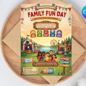 May include: A Family Fun Day event flyer featuring a carnival theme with a circus tent, ferris wheel, and bounce house. The text reads: Family Fun Day, Sunday, June 20, 2026, 11:00 AM - 3:00 PM, Greenwood Community Park, 456 Parkside Drive, Yourtown, ST 12345.