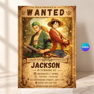 Pirate Birthday Invitation Template |Treasure Map Anime Adventure |Boys Digital Canva Party Invite | Pirate Adventure Editable