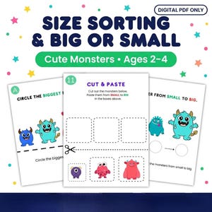 Op de afbeelding: Een digitale PDF educatieve activiteitenset getiteld Size Sorting & Big or Small met schattige monsters voor kinderen van 2-4 jaar. De pagina's bevatten taken zoals het omcirkelen van het grootste monster en knip- en plakopdrachten.