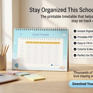 May include: A light blue spiral-bound school timetable planner with a grid layout for scheduling. The document features the text School Timetable and includes icons of a globe and a notebook. It is displayed on a desk with a laptop and pens.