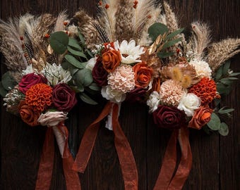 Faux Floral Wedding Bouquet: Pampas, Terracotta, Burgundy, White Roses
