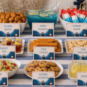 Shark Party Food Labels | Shark Week Watch Party Food Tent Cards | Ocean Birthday Buffet Tent Cards (Editable Canva Template)