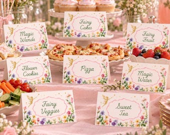 Fairy 1st Birthday Food Labels • Magical Woodland Theme • This Little Fairy is Turning 1 | Editable Canva Template (Digital Download)