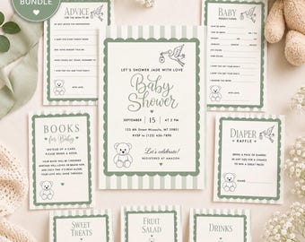 Sage Green Baby Shower Bundle – Gender Neutral Bear Invitation, Games, Advice Cards, Thank You Tag, Food Tent Labels (Digital Download)