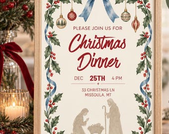 Christmas Dinner Invitation Template, Editable Christmas Party Invite, Holiday Luncheon Invitation, Family Christmas Dinner Canva Template