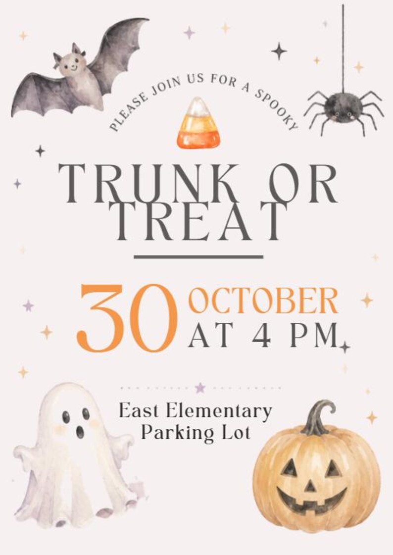 Może przedstawiać: Ulotka na wydarzenie Trunk or Treat z akwarelowymi ilustracjami nietoperza, pająka, cukierka, ducha i dyni. Tekst głosi: Please join us for a spooky Trunk or Treat, 30 October at 4 PM, East Elementary Parking Lot.