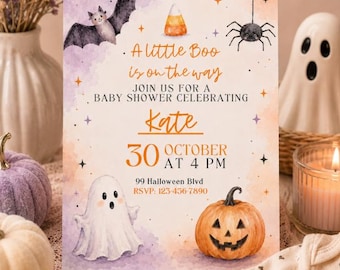 Halloween Baby Shower Invitation • A Little Boo Is On The Way | A Little Pumpkin Fall Baby  (Editable Canva Template)