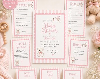Pink Baby Shower Bundle – Baby Girl Bear Invitation, Games, Advice Cards, Thank You Tag, Food Tent Labels (Digital Download)
