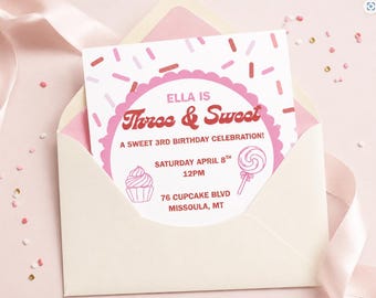 Sweet & Three Ice Cream Birthday Invitation | Donut and Ice Cream Party | Pink Sprinkle 3rd Birthday Girl Party (Digital Download)