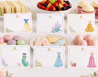 Prinsessenfeest voedseletiketten | Bewerkbare buffetkaartjes en tafelkaartjes in aquarel voor een meisjesverjaardagsfeestje (digitale download)