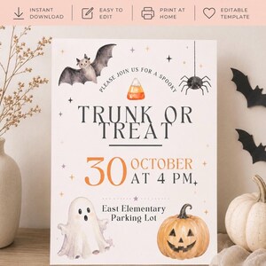 Może przedstawiać: Prostokątna ulotka na wydarzenie Trunk or Treat z akwarelowymi ilustracjami nietoperza, pająka, cukierka kukurydzianego, ducha i dyni. Tekst głosi: Please join us for a spooky Trunk or Treat 30 October at 4 PM, East Elementary Parking Lot.