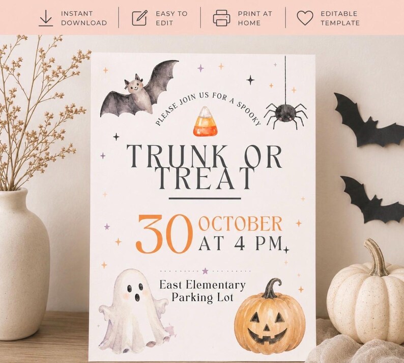 Może przedstawiać: Prostokątna ulotka na wydarzenie Trunk or Treat z akwarelowymi ilustracjami nietoperza, pająka, cukierka kukurydzianego, ducha i dyni. Tekst głosi: Please join us for a spooky Trunk or Treat 30 October at 4 PM, East Elementary Parking Lot.
