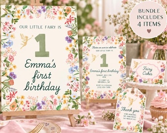 Fairy First Birthday Party Bundle • Enchanted Woodland Theme • Welcome Sign, Invitation, Favor Tags & Food Labels • Digital Download