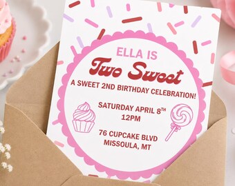 Two Sweet Donut Birthday Invitation | Girls 2nd Bday Invite Ice Cream and Sweets Theme | Pink Sprinkle 2nd Birthday (Digital Download)