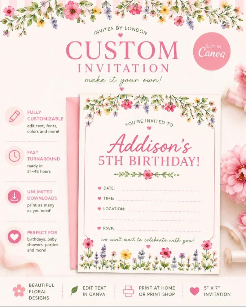 May include: A custom invitation template for a 5th birthday party featuring pink and yellow floral illustrations. The text reads Addison's 5TH BIRTHDAY with lines for date, time, location, and RSVP. It includes icons for customization, 5" x 7" size.