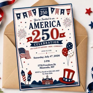Peut inclure: Une carte d'invitation rectangulaire pour une célébration America 250 le 4 juillet 2026. Le design présente des graphismes rouges, blancs et bleus incluant des guirlandes, des feux d'artifice, des ballons, un haut-de-forme, un drapeau et un bâtiment.