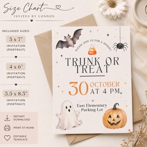Może przedstawiać: Szablon zaproszenia Trunk or Treat z akwarelowymi ilustracjami nietoperza, pająka, cukierka, ducha i dyni. Tekst brzmi Please Join Us For A Spooky Trunk Or Treat, 30 October At 4 PM, East Elementary Parking Lot.