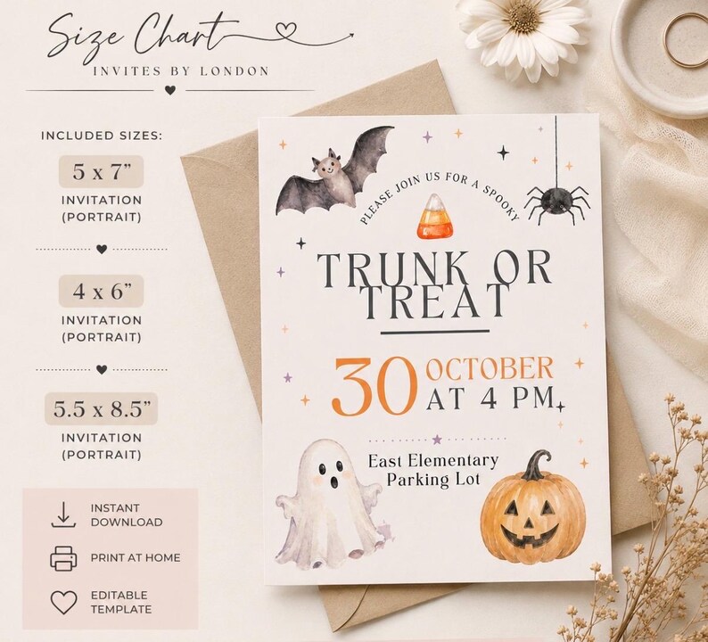Może przedstawiać: Szablon zaproszenia Trunk or Treat z akwarelowymi ilustracjami nietoperza, pająka, cukierka, ducha i dyni. Tekst brzmi Please Join Us For A Spooky Trunk Or Treat, 30 October At 4 PM, East Elementary Parking Lot.