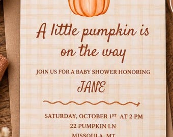 Halloween Baby Shower Invitation • A Little Pumpkin Is On The Way | A Little Pumpkin Fall Baby (Editable Canva Template)