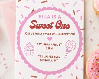 Sweet One Donut Birthday Invitation Template | Baby Girls First Birthday | Pink Sprinkle Ice Cream First Birthday (Digital Download)