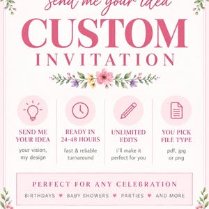 May include: A custom invitation service flyer featuring pink floral borders and text that reads: INVITES BY LONDON, SEND ME YOUR IDEA, CUSTOM INVITATION, READY IN 24-48 HOURS, UNLIMITED EDITS, YOU PICK FILE TYPE, PERFECT FOR ANY CELEBRATION, and your vision my design.