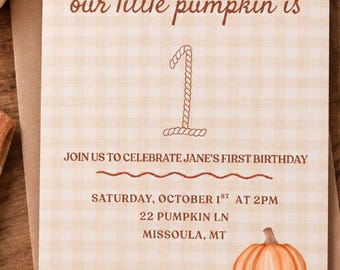 Pumpkin First Birthday Invitation, Our Little Pumpkin is Turning One, Fall Baby Shower Party Template