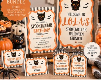 Vintage Halloween Carnival Birthday Bundle • Welcome Sign, Food Labels, Thank You Tags, Invitation • Spooky Circus Printable •Editable Canva