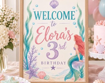 Ariel Inspired Birthday Welcome Sign,  Little Mermaid Party, Ocean Birthday Decor, Hawaiian Party Welcome Sign, Girls Birthday Print